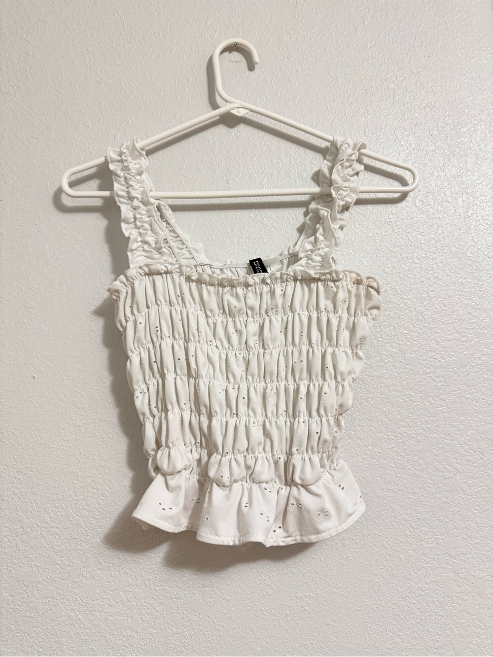 H&M White Smocked Eyelet Camisole with Ruffle Straps